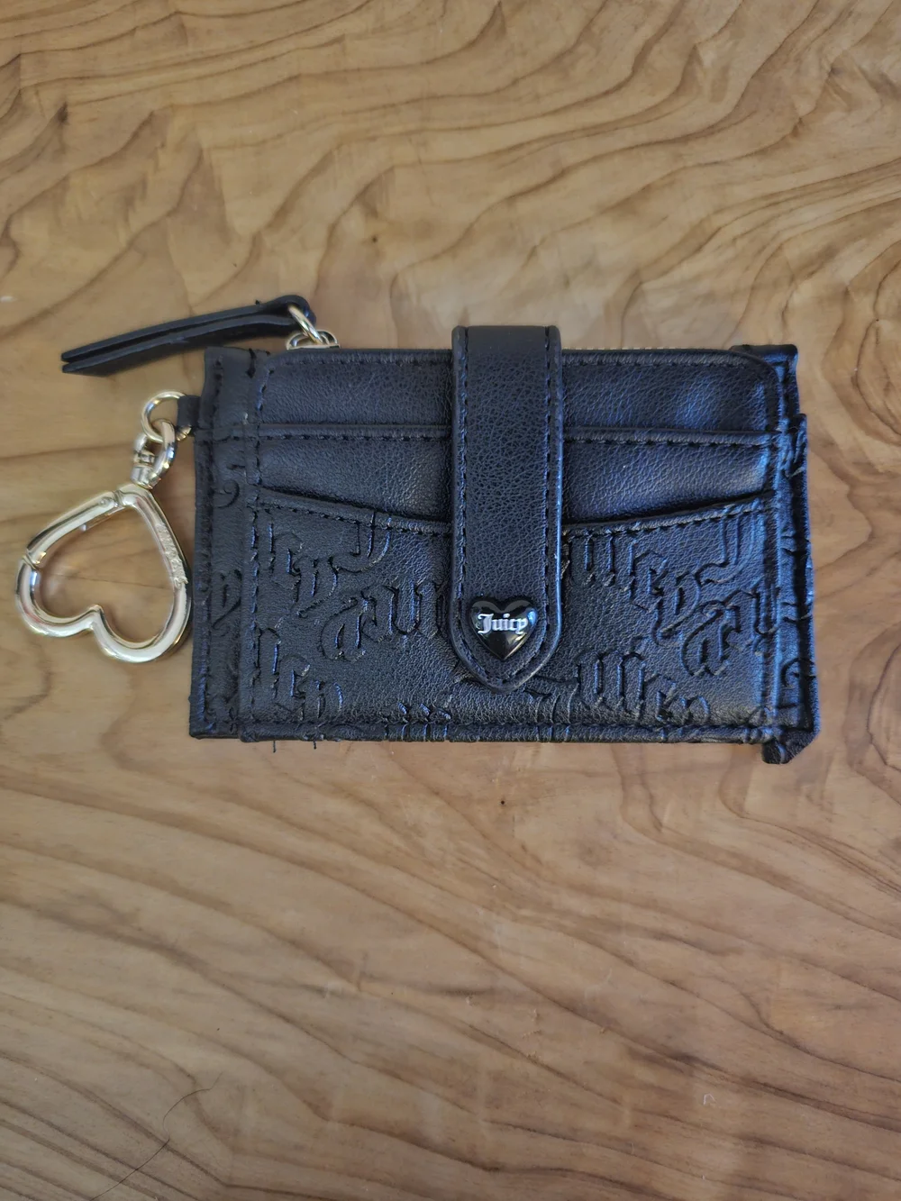 Juicy Couture Black Embossed Card Holder with Gold Heart Key Charm